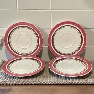 Sango Carousel Saucers #807, Set of 4, Vintage Cranberry & Brown Bands Tableware